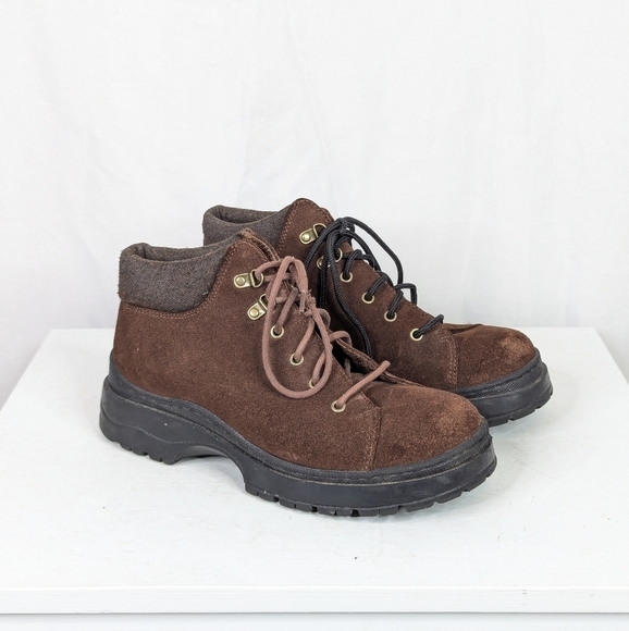 Vintage No Boundaries Brown Leather Suede Y2K Chunky Lace Up Boots Sneakers - Picture 1 of 8
